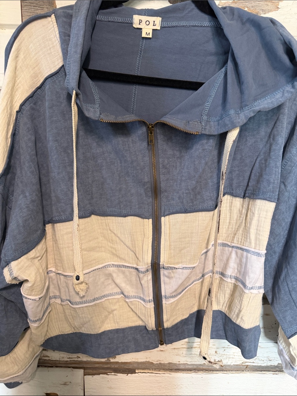 POL Blue and Cream Hooded distressed Zip Bomber Jacket - Picture 4 of 10